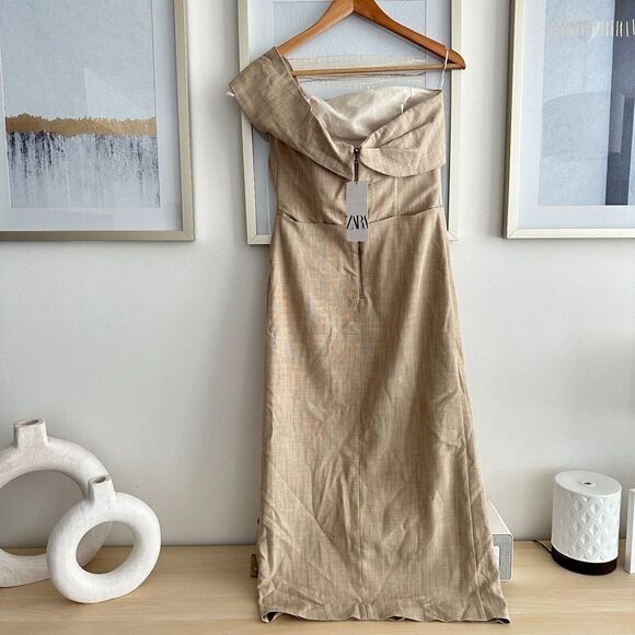 Zara Midi Slip Dress Womens Small Asymmetrical Taupe Neutral Sheath 3265/332 - Picture 4 of 8